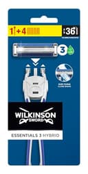 Wilkinson Sword Extra 3 Essentials Hybrid wegwerpscheerapparaten met 3 messen voor heren, 1 scheerapparaat + 4 opladers